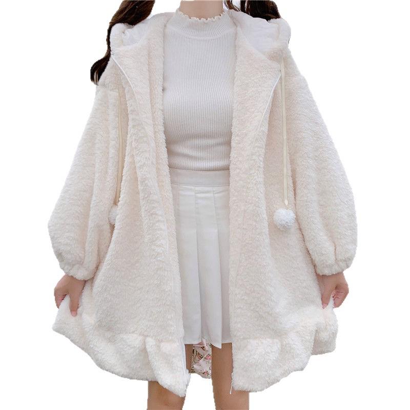 Kapturowana kurtka zapinana na zamek z wełny jagnięcej z króliczymi uszami