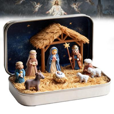 Miniatur-Weihnachtskrippe in einer Blechdose Handgefertigte Taschenkrippe Geschenk Kleines Religiöses Heilige Familie Ornament für Schreibtisch
