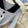 Korean-Style Peter Pan Collar Knit Dress for Women Fall Single-breasted Long Sleeve Slim-Fit Professional Elegant Sweater Dress