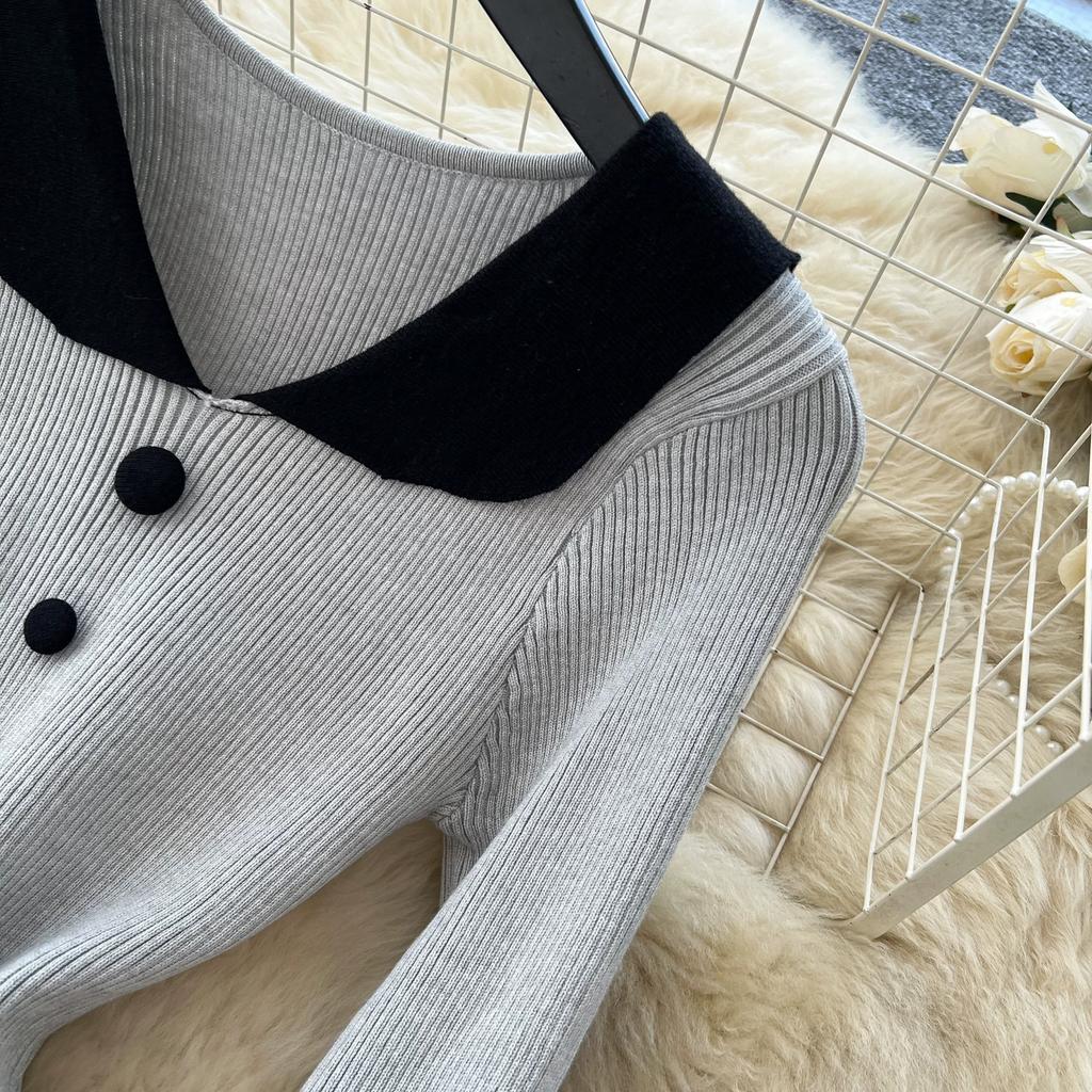 Korean-Style Peter Pan Collar Knit Dress for Women Fall Single-breasted Long Sleeve Slim-Fit Professional Elegant Sweater Dress
