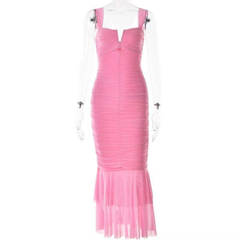 

Fashion Wind Sling Patchwork Dress Sexy Sexy Tight Ruched Mermaid Dress V-Neck Sling Dress Pink M