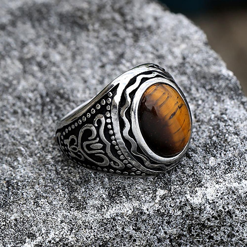 Men's Vintage 316L Stainless Steel Oval Opal Green Stone Rings Rock Hip Hop Fashion Jewelry Wedding Rings Accessories Wholesale