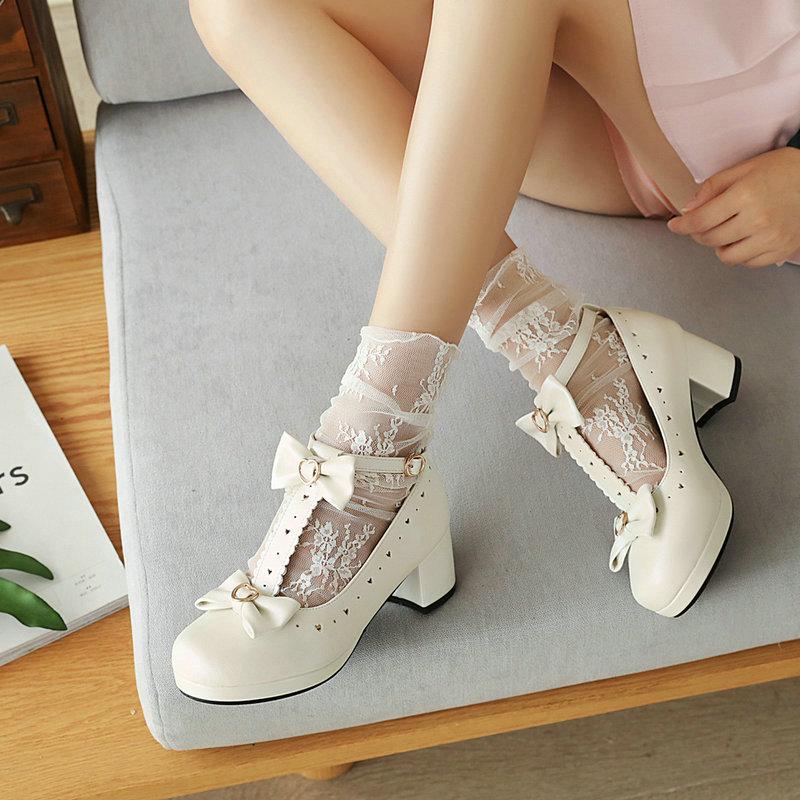 Sweet T Strap Mary Jane Girls Shoes Woman Student Low Heels Round Toe Pumps Women Red Bow Buckle Princess Lolita Shoes Size30-43