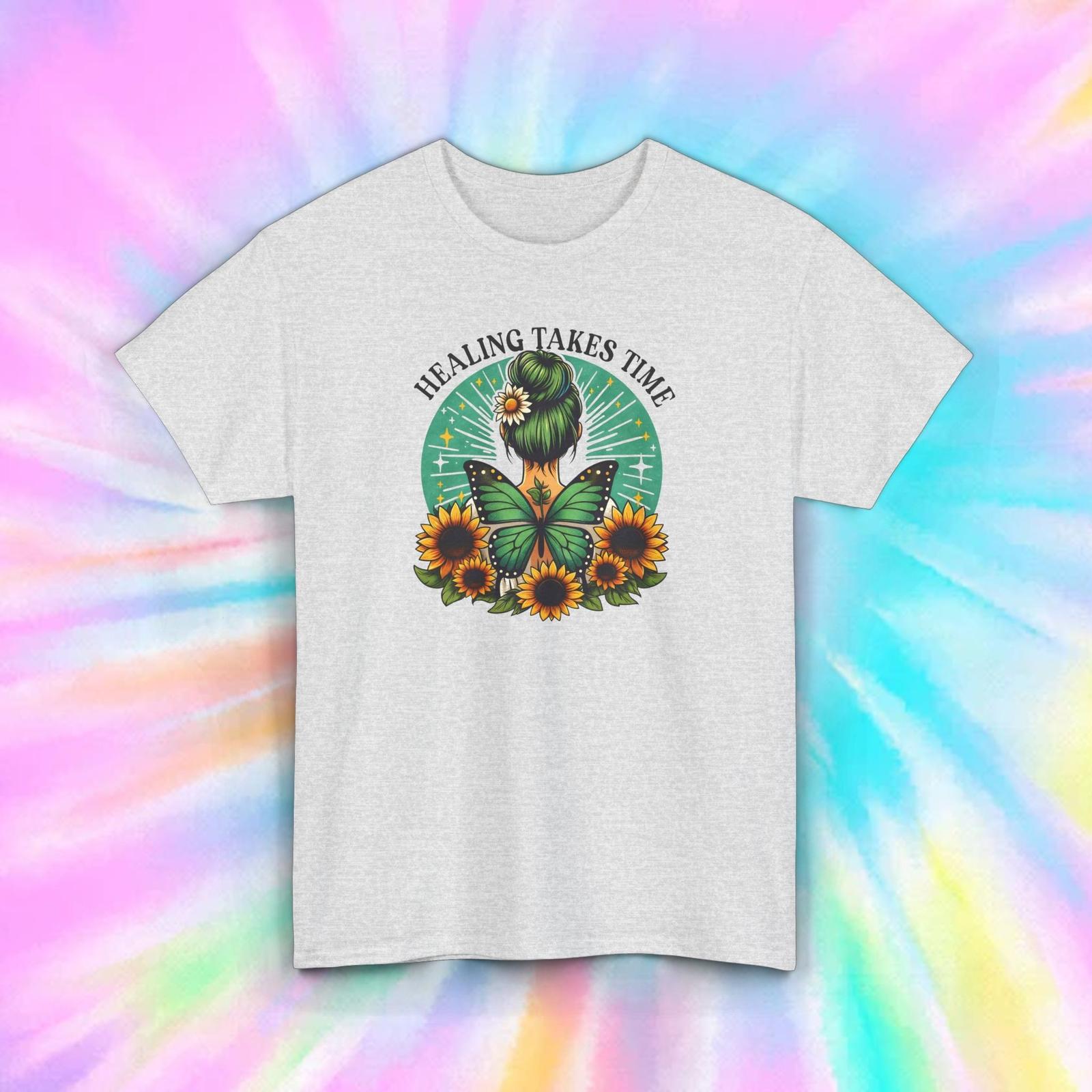 Healing Takes Time Butterfly Sunflower Mental Health Support Graphic T-Shirt M