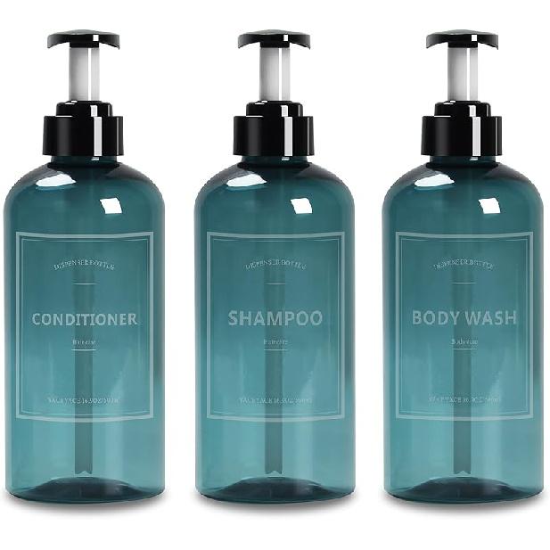 Shampoo Bottles with Pump, YACEYACE 3Pcs 16.9oz Blue Clear Empty Shampoo and Conditioner Dispenser, Refillable Shampoo and Conditioner Bottles with Modern