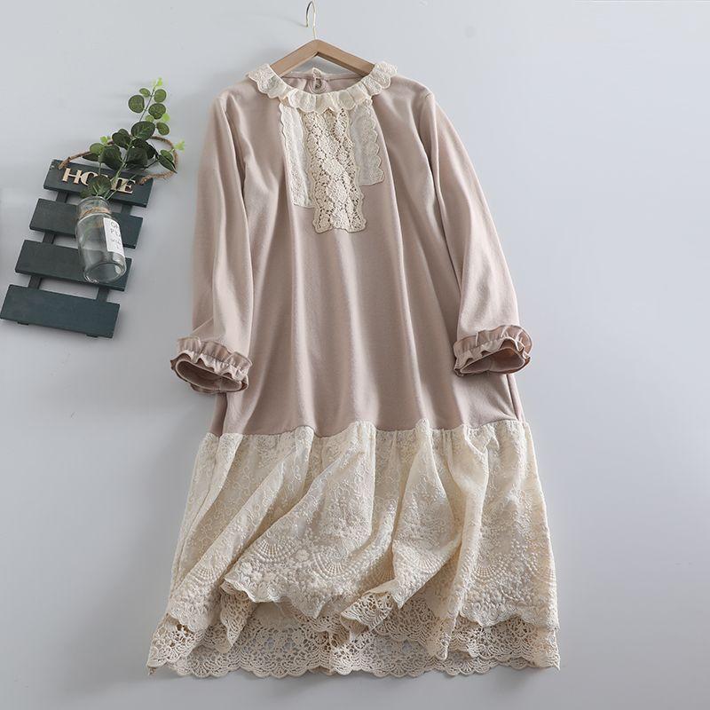

New Lace Stitching Base Skirts Mori Girl Style Sweet Lotus Leaf Lace Collar Long sleeve dress Princess Dress Fashion Meters apricot All yards