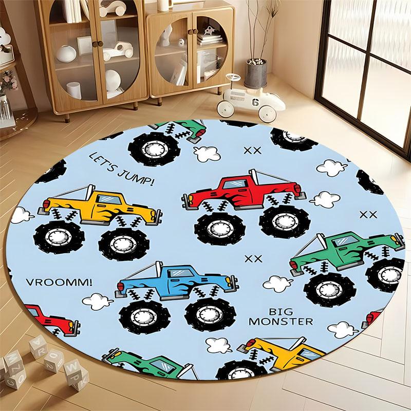 

Colorful Monster Truck Rug for Kids Playroom Adventure round carpet for home sofa bedroom, gift Diameter 60cm