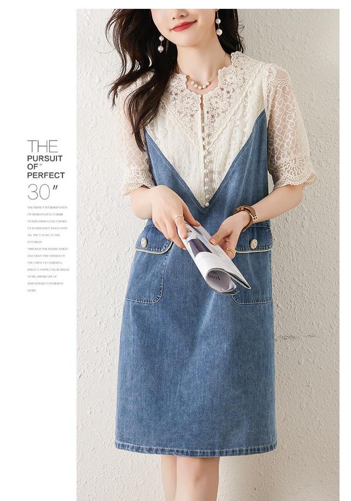 Plus Size Women's 2026 Summer Lace Patchwork Denim Dress - Light Luxury & Mature Style