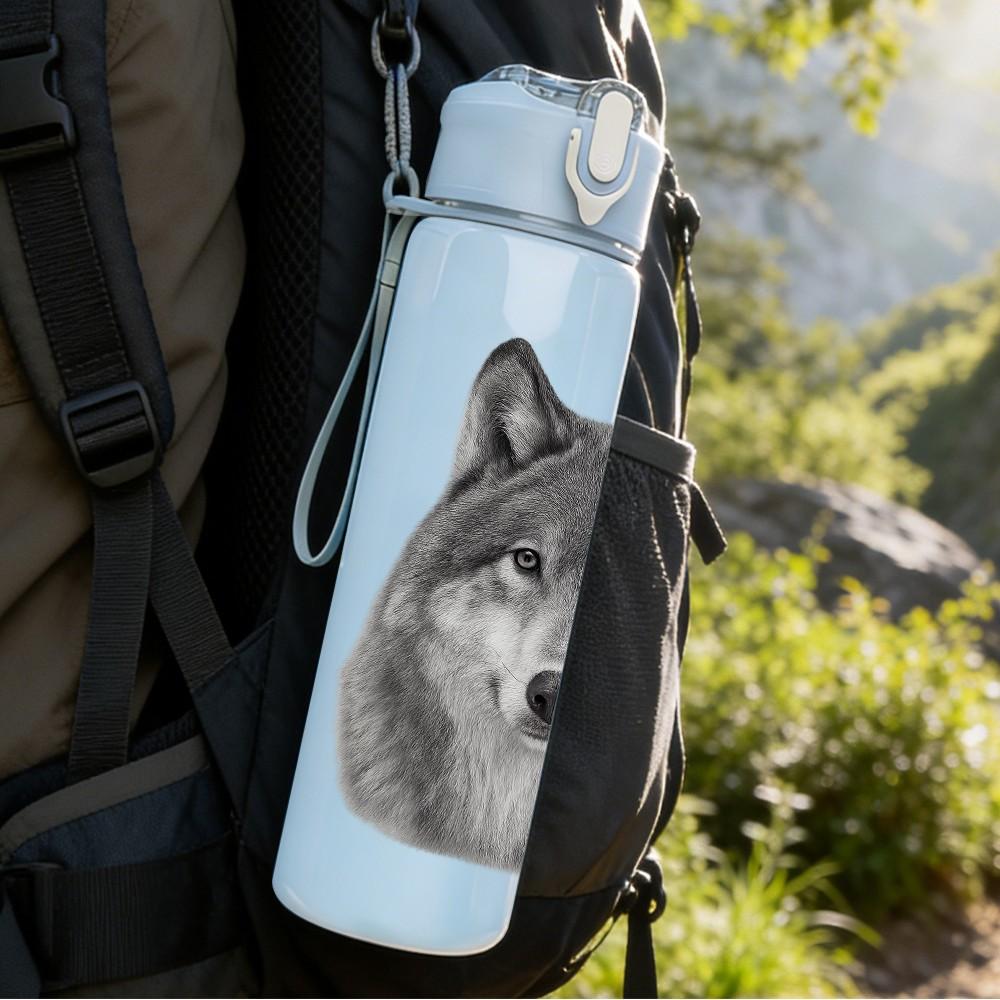 1PC Grey Wolf Head Portrait 750ml Color Plastic Sports Water Bottle Leakproof Flip Straw Lid Suitable for Sports Office Home Use