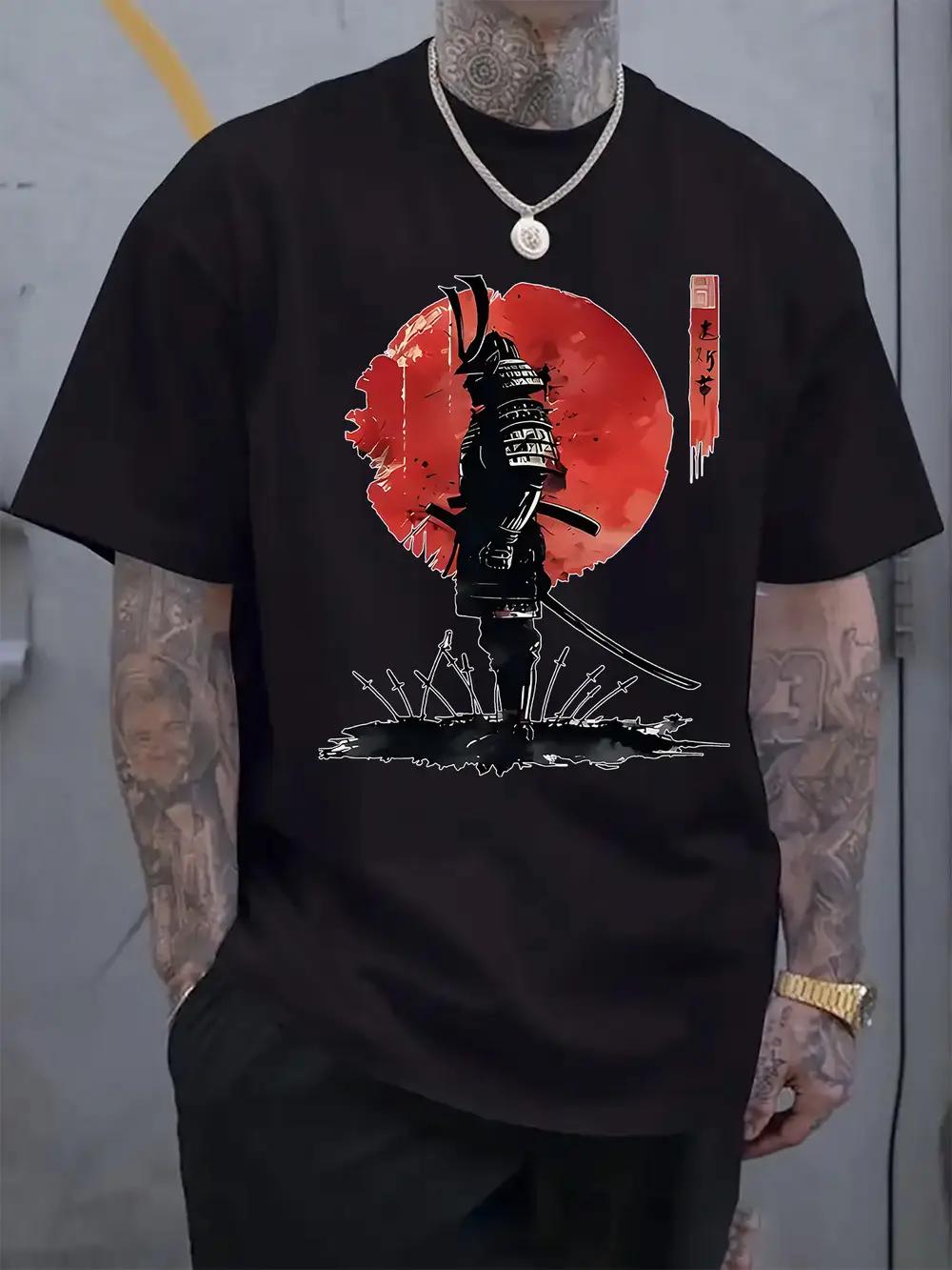 Samurai Red Moon Silhouette Graphic T-shirt - Casual Crew Neck Short Sleeve Tee with Japanese Samurai Print M
