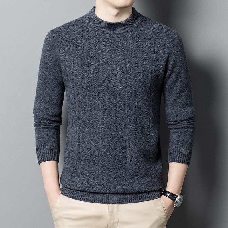 Autumn and Winter Men's Pure Wool Warm Casual Sweater Middle-aged Semi-turtleneck Jacquard Knitted Wool Sweater