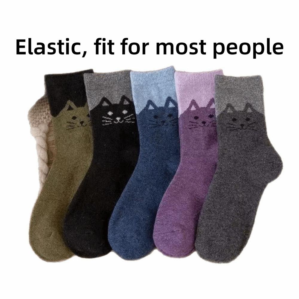 5 Pairs Elastic Cuff Mid Calf Socks Soft Breathable Cartoon Cat Socks Street Matching