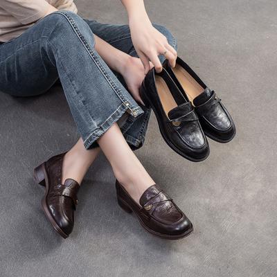 Retro Genuine Leather Loafers Low Heels Comfortable Commuting Women's Slip-on Shoes