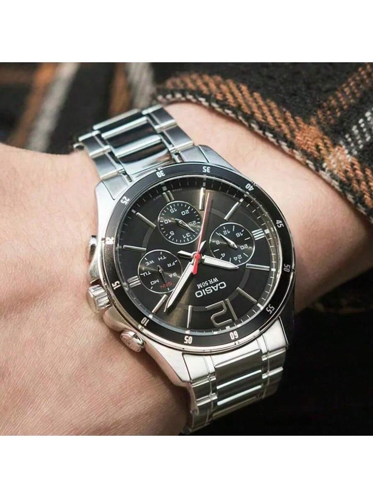 STANDARD Series Waterproof Quartz Movement Stainless Steel Strap Japanese-Korean Style Men's Watch with Black Dial MTP-1374D-1A