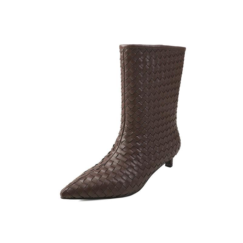 3.7CM autumn new microfiber woven small short boots pointed minimalist style fashionable versatile pointed thin heel high boots