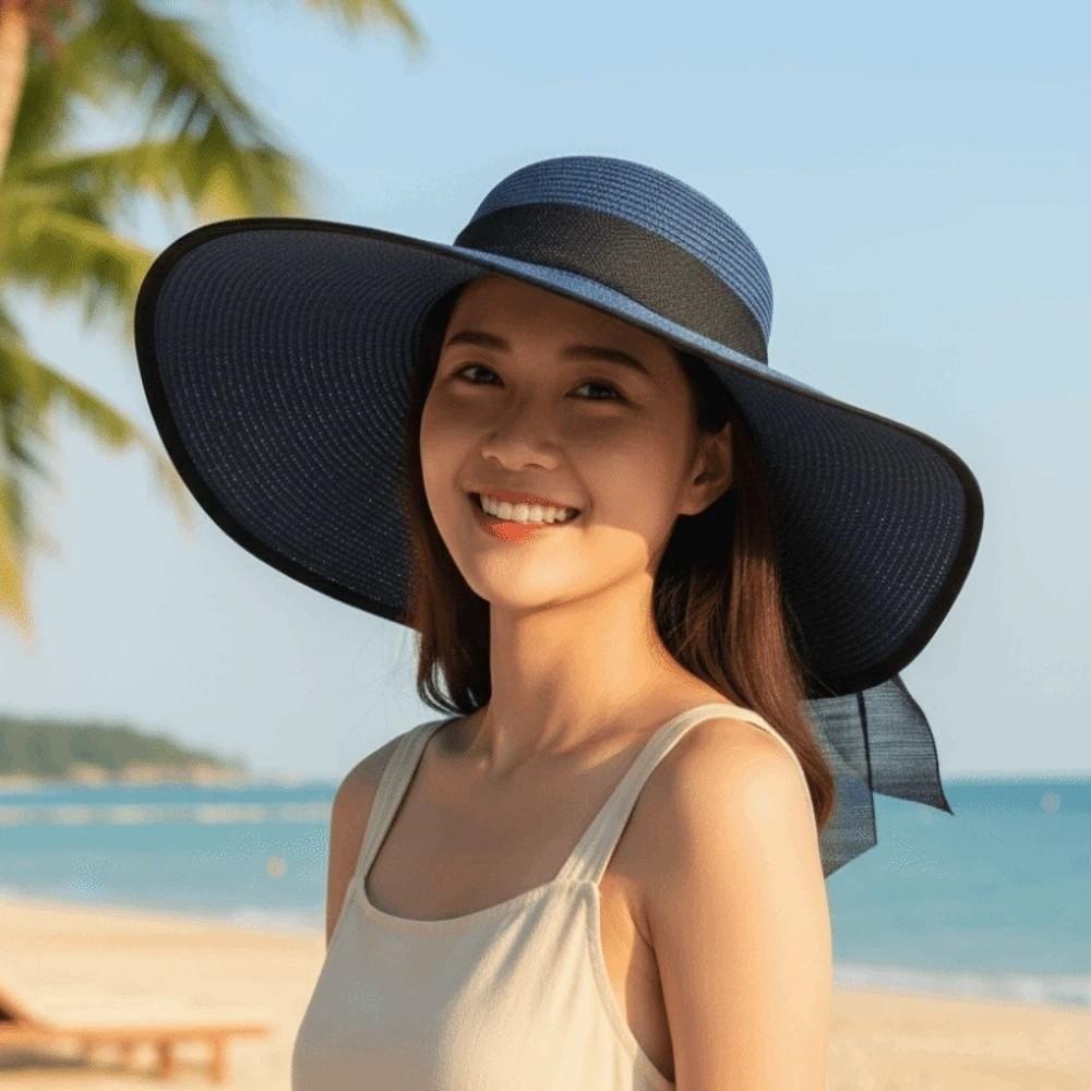 Lightweight Big Brimmed Straw Hat with Lace Ribbon Woven Sun Cap Vacation Beach Cap  Daily
