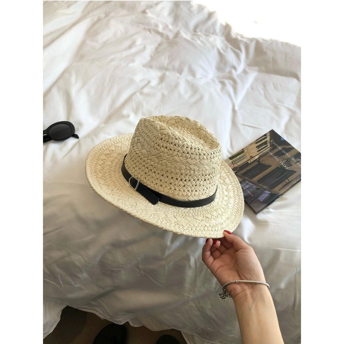 

New hollow woven straw hats, large brims, sunshade summer hats, men s and women s jazz hats, Panama toppers, explosive foreign trends head circumference: 54-60cm
