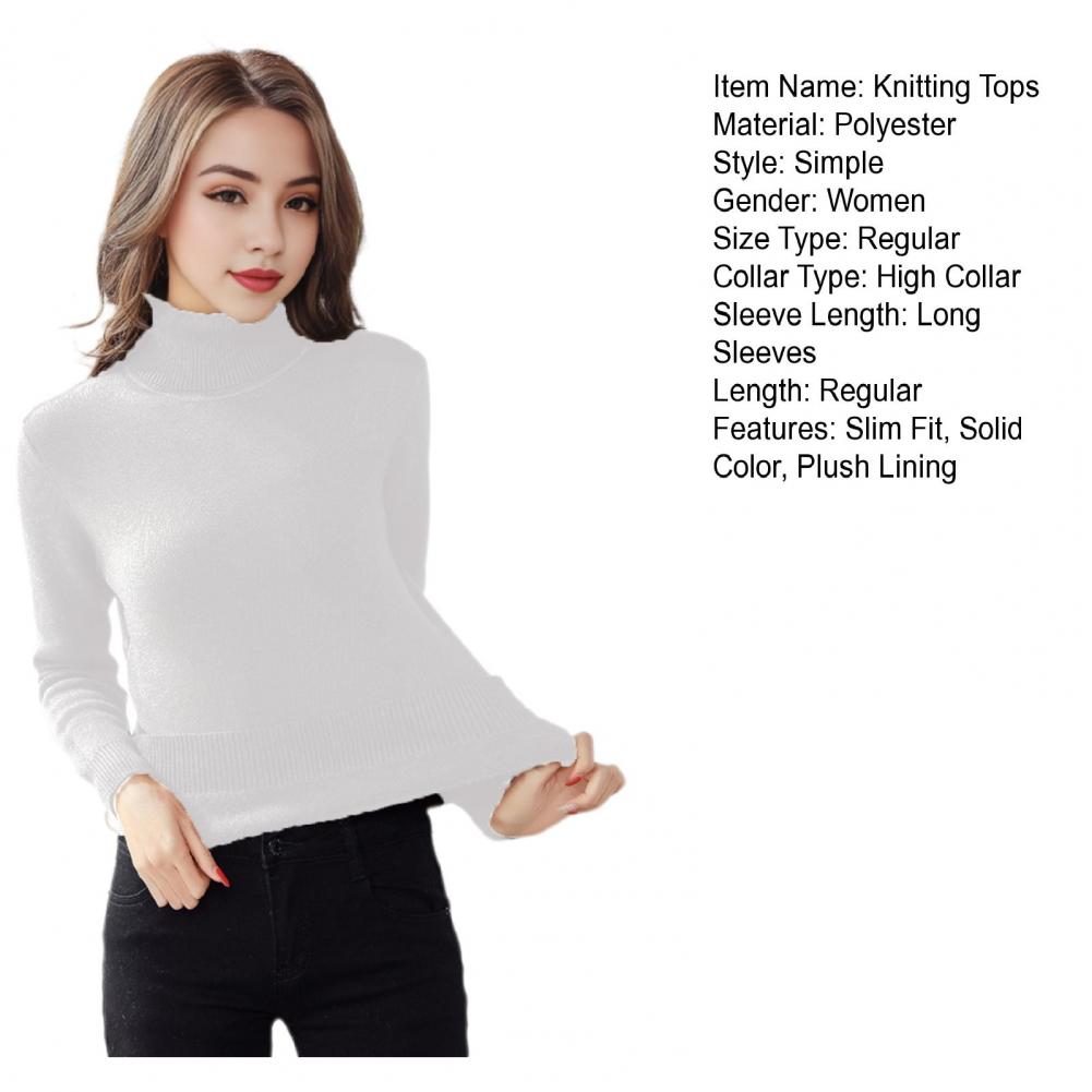 Strickoberteile für Damen, hoher Kragen, lange Ärmel, einfarbig, warmes Fleecefutter, Pulloveroberteile, schmale Passform, verdickte Strickmode für den Alltag
