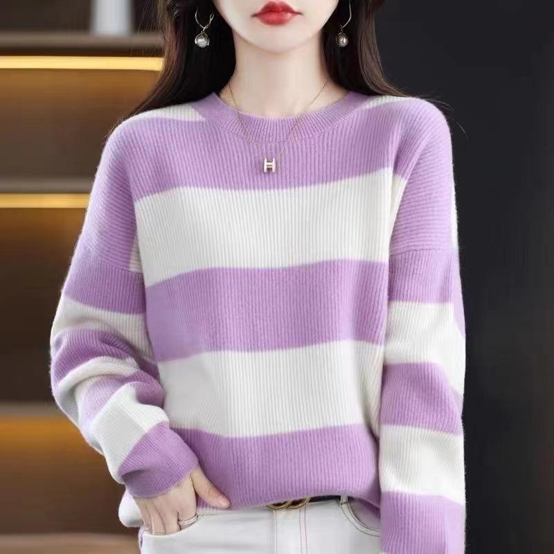 Modischer gestreifter Strickpullover langärmeliger Unterziehpullover Damen Herbst und Winter Neu Lockerer vielseitiger Rundhals-Pullover