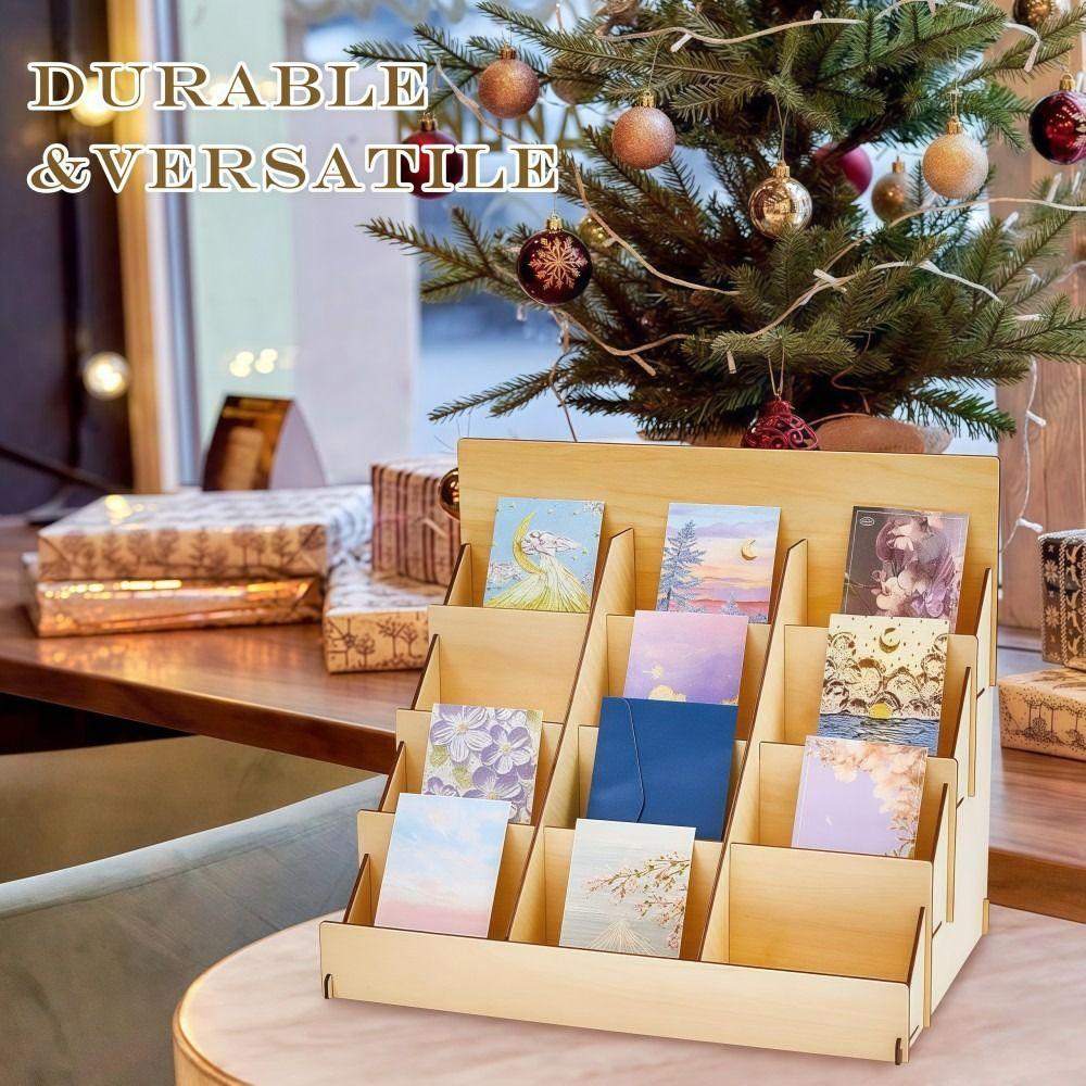 Wooden Greeting Card Display Stand 12 Grids Smooth Edges Greeting Card Rack DIY Simple Design PSA Card Display Stand
