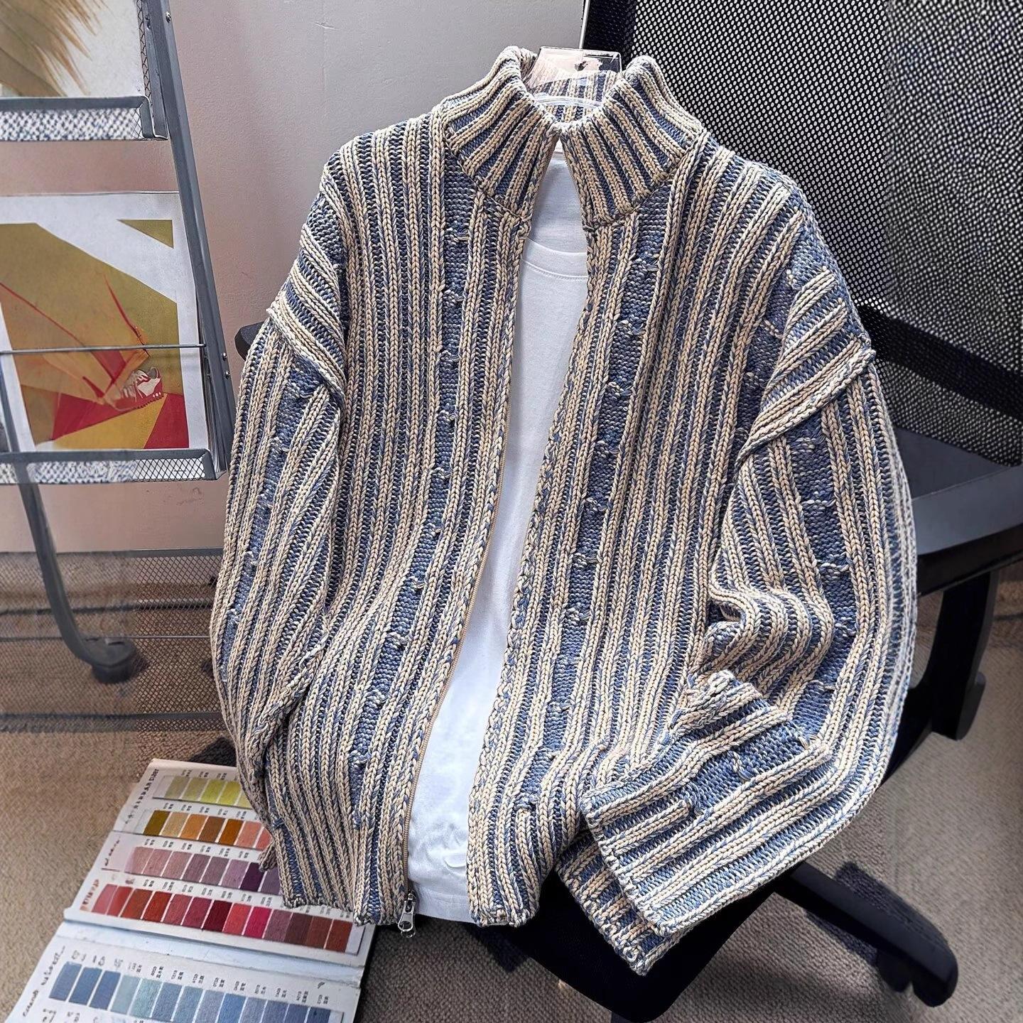 Men s Retro Striped Color Block Sweater - Autumn/Winter Trendy Loose Knitwear L хаки