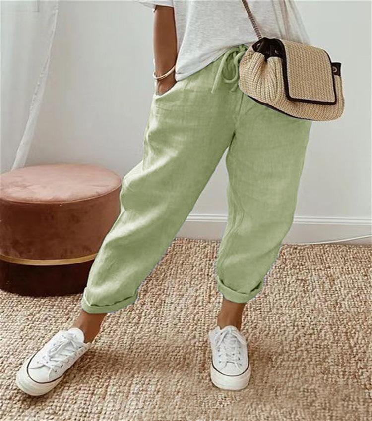 Women Mid Waist Drawstring Linen Harem Pants, Pocket Cuffed Ankle Loose Casual Trousers S-5XL Spring Daily Wear