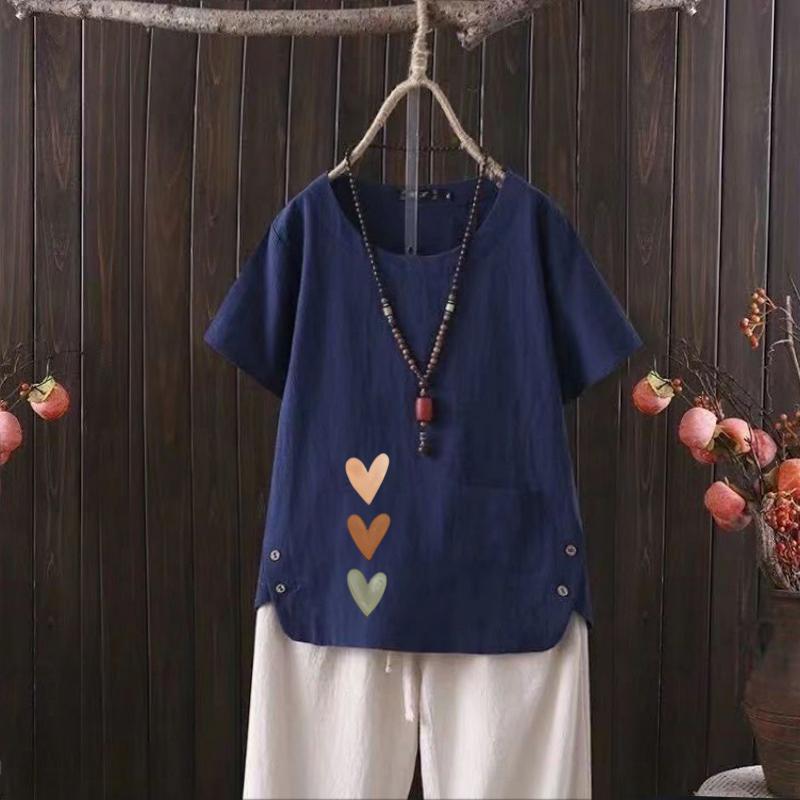 

Летняя новинка 2025 года, женская футболка из хлопка и льна с V-образным вырезом и принтом «Любовь» — легкая и стильная 4XL темно-синий