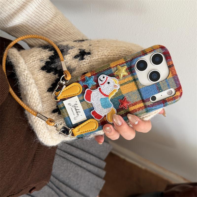 Fashion Cute Caroon 3D Dog Plush Phone Case For iPhone 17 Pro 15 14 13 16 Pro Max Cover Plaid Pattern Cloth Protective Cases