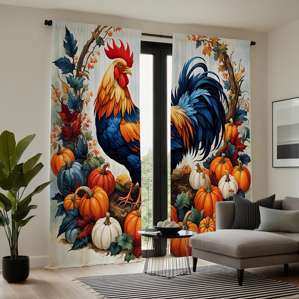 2 Stück HD Farbe Kürbis Hahn Erntedank Dekoration Vorhang Gelbe Bindung Digital bedruckter Vorhang Heimdekorationsstil decora