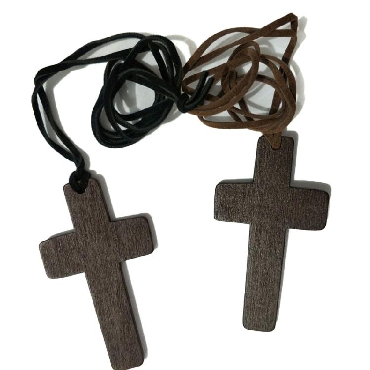 Vintage Wooden for Cross Pendant Brown/Black Rope Necklace Adjustable for Men Wo
