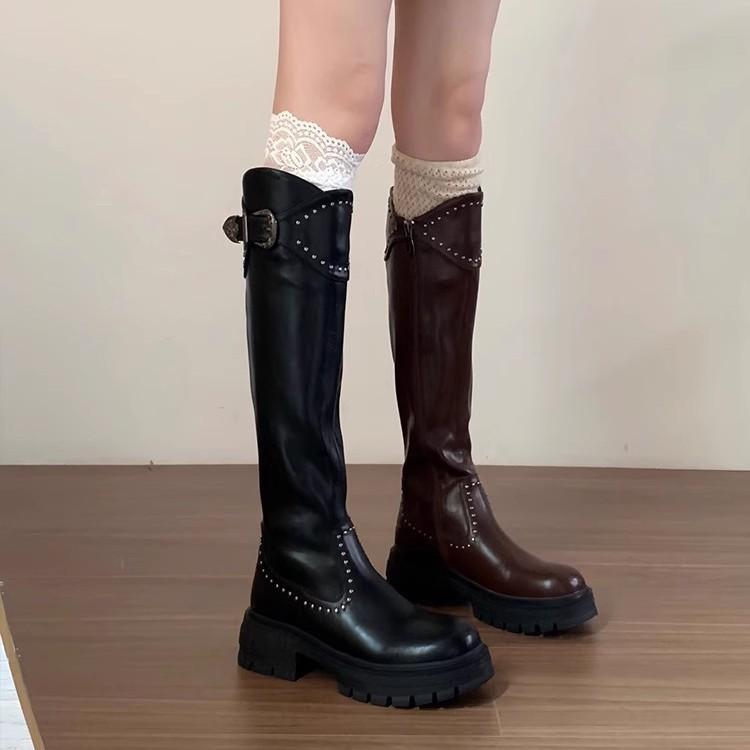 This Year's Popular Rivet Autumn and Winter Knee Boots Women's Tall Western Boots Thick Soles