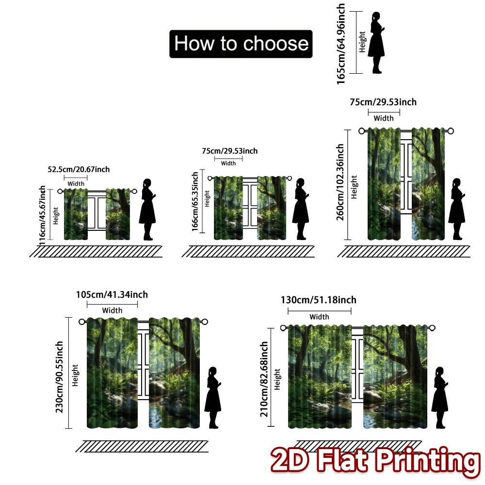 2pcs   2D FLAT PRINTING Curtains (Without Rod) Forest Stream Creative Popular Curtains Versatile 100% Polyester Curtains Thermal
