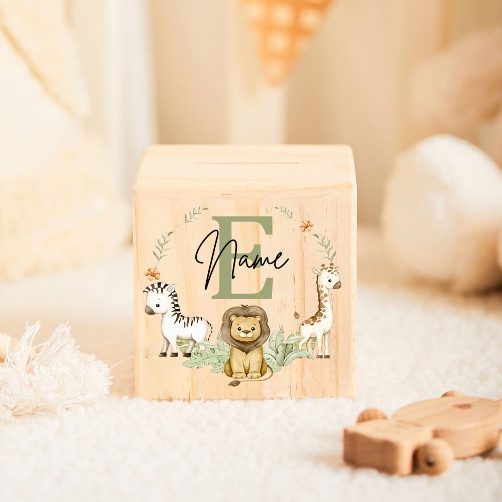 Personalized Money Box Initial with Name Kids Money Boxes Safari Animal Coin Collection Case Wooden Coin Bank Child Shower Gift