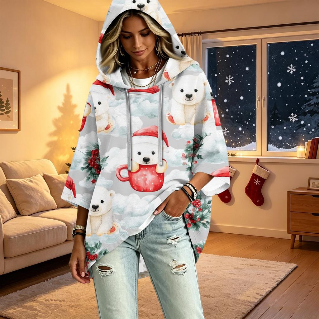 Women's Christmas Print Three-Quarter Sleeve Hooded Pullover Top