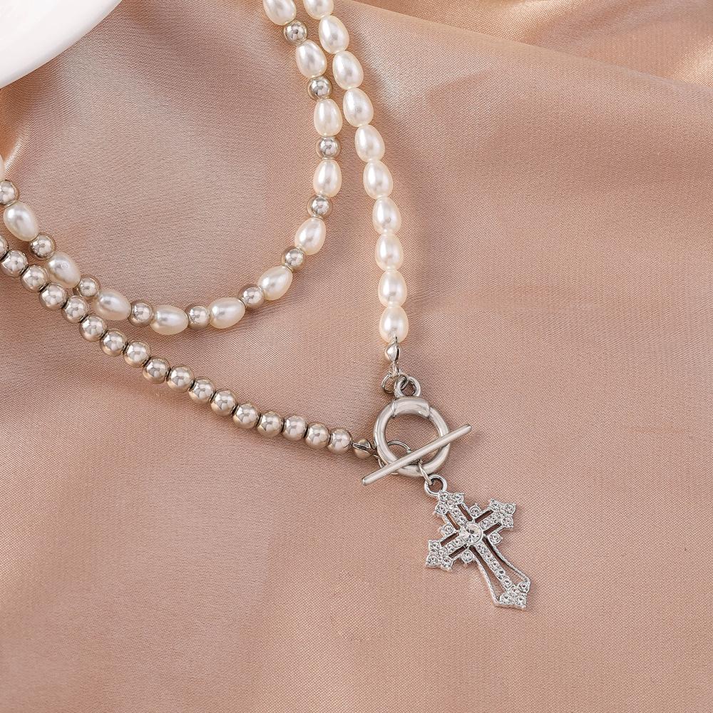 2pcs Elegant Crystal Cross Pendant Necklace for Women Pearl CCB Beads Choker Necklace Party Jewelry Gifts