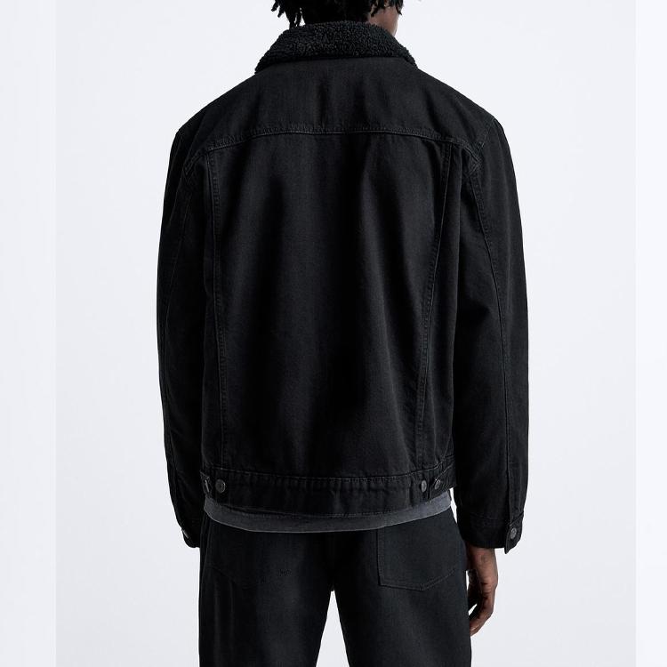 Zara Solid Color Lapel Single-Breasted Fleece Long Sleeve Denim Jacket Men jackets Black 1538323-800