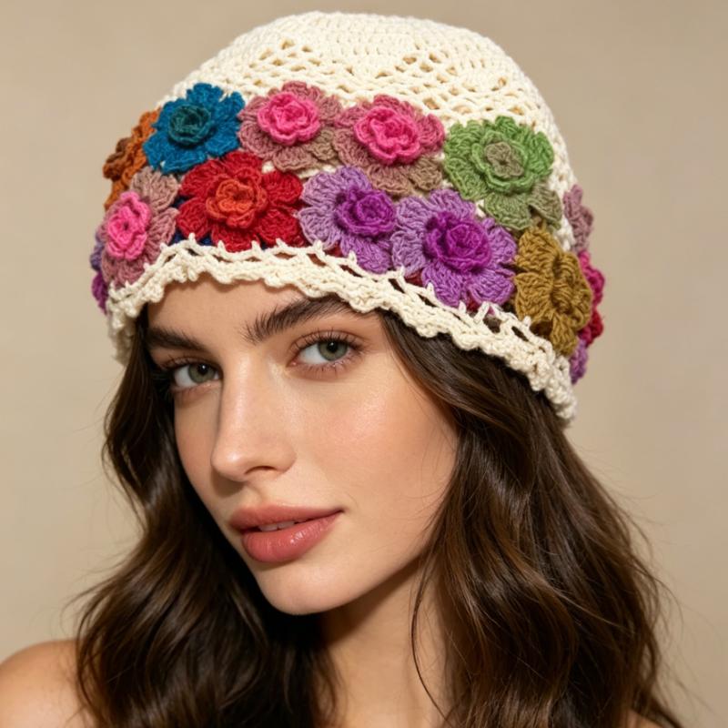 Japanese Spring Summer Literary And Artistic Colorful Flower Hollow Bag Head Hat Women Sweet Fashion Hand-Crocheted Beanie Cap