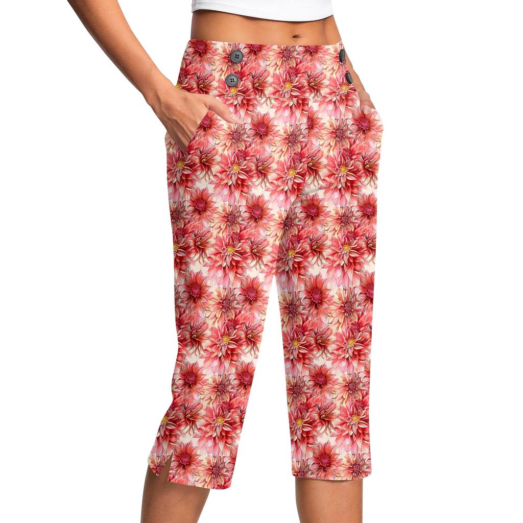 Women's Vintage Floral Print Button Pocket Trousers Slit High Waist Sports Yoga Casual Pants