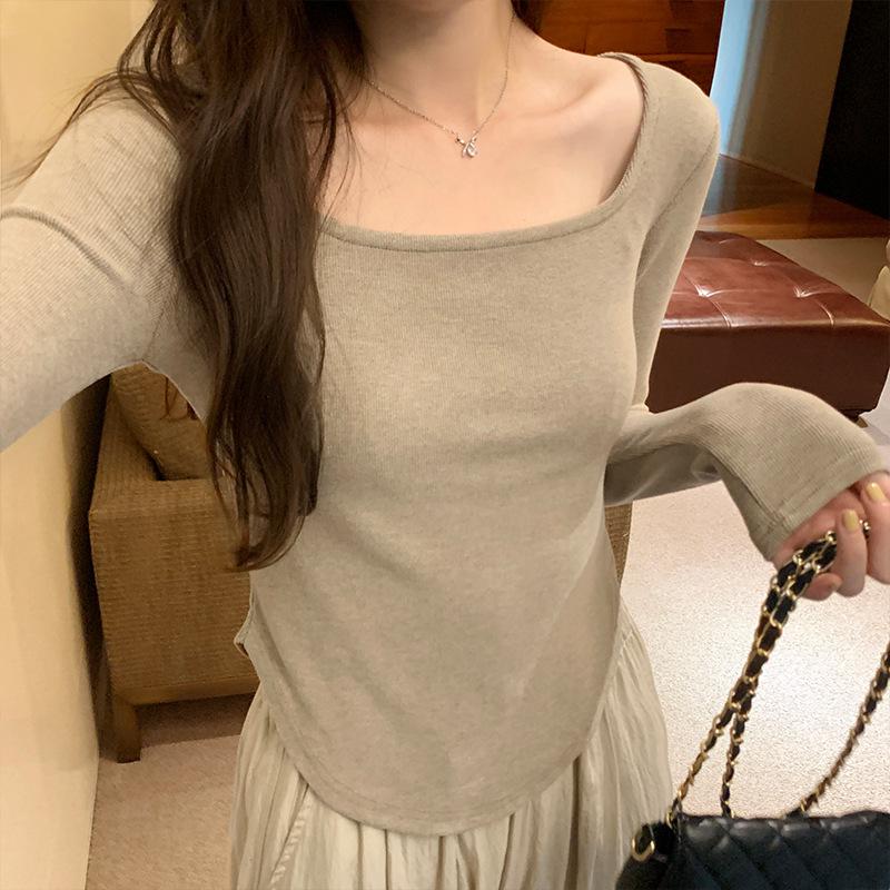 T-shirt à manches longues et col carré pour femme, nouvelle chemise slim fit d'automne, haut polyvalent à intérieur fileté