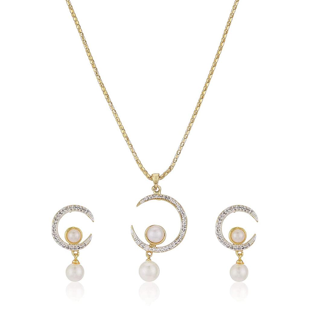 Estele Gold Plated Crescent Moon Pendant with American Diamonds and Pearls for Women/Girls