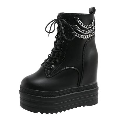 Fashion 12CM New Women Ankle Boots Leather Thick Sole Motorcycle Boots Female Autumn Spring Chain High Platform Shoes Woman Big Szie 42