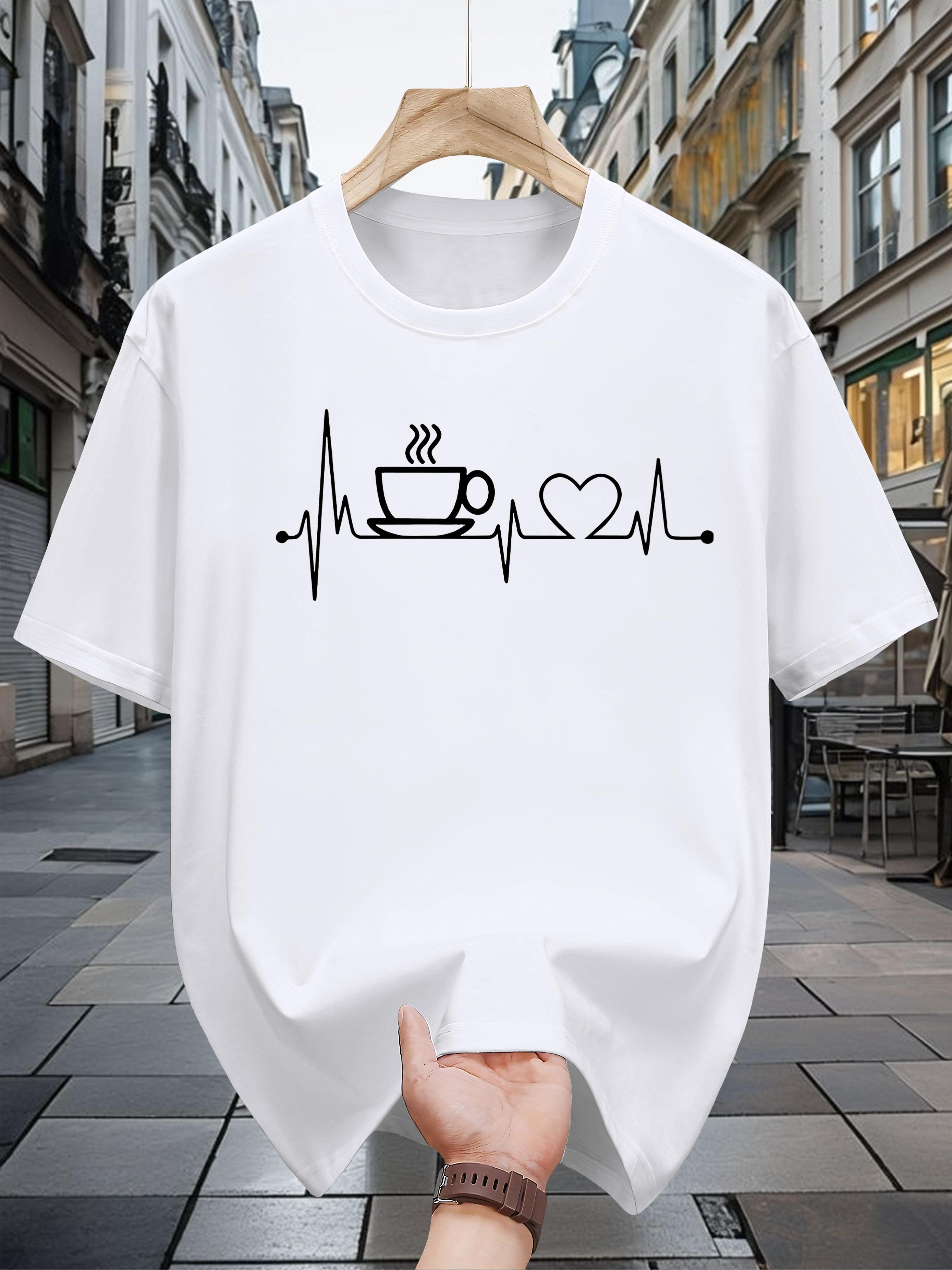 

Graphic T-shirt - Casual Short Sleeve Crewneck with Coffee & Heartbeat Design S