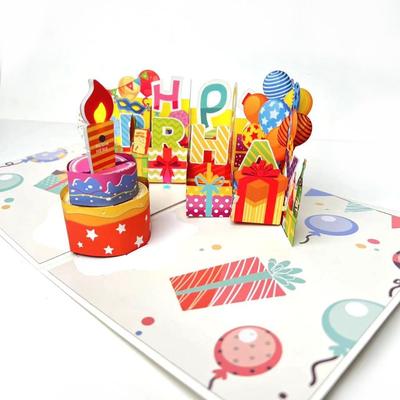 Musical and Light Happy Birthday Card Blowable Led Candle Hollow Paper Carving 3D Popup Greeting Card Cartoon Patterned Creative