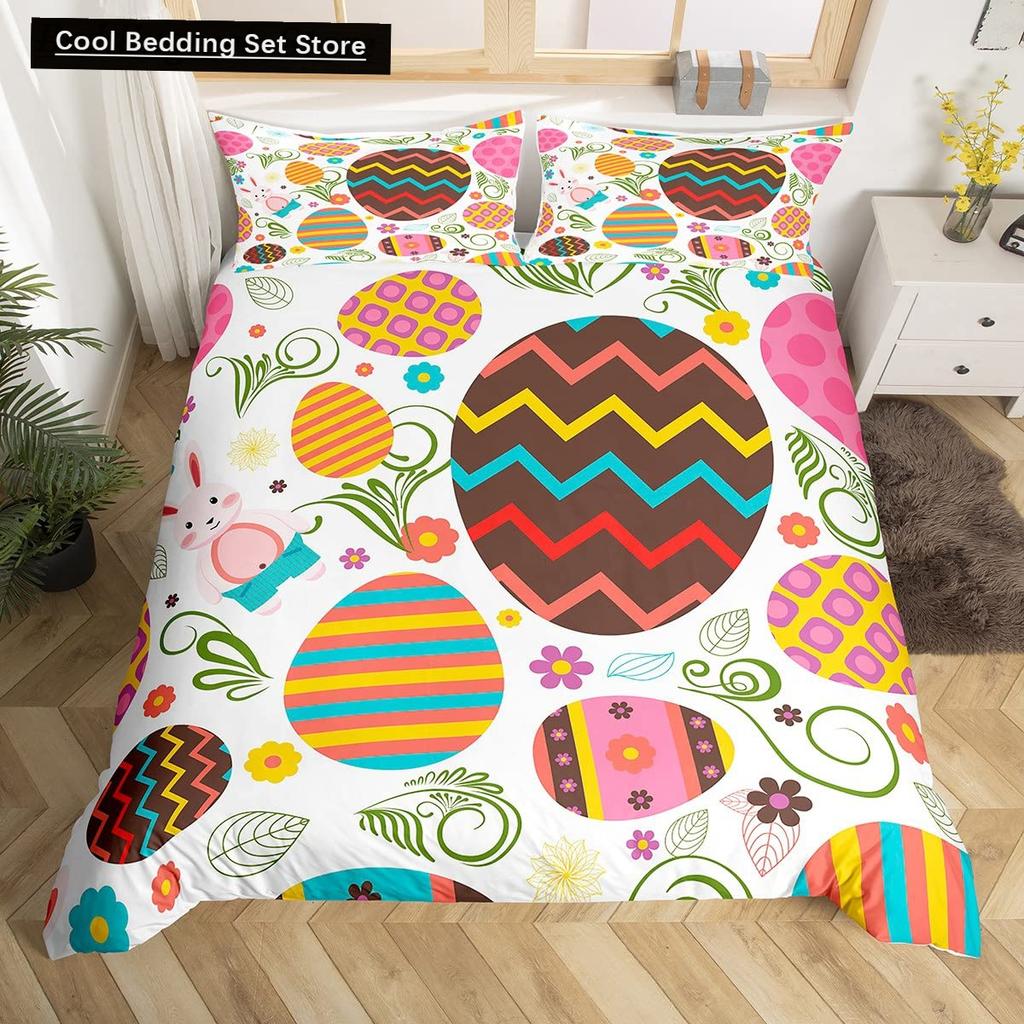 Watercolor Easter Eggs King Queen Bedding Set Happy Easter Themed Duvet Cover Toddlers Rainbow Easter Egg Polyester Quilt Cover