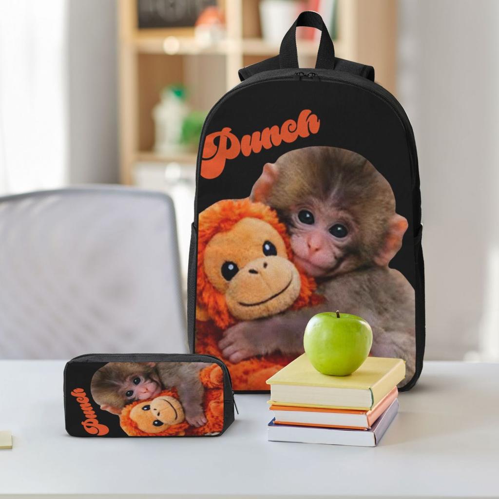 Baby Punch Monkey, Viral Monkey Kids Backpack Lunch Box Pen Bags for Boys Girls Backpacks Kawaii Schoolbag Bookbag Set