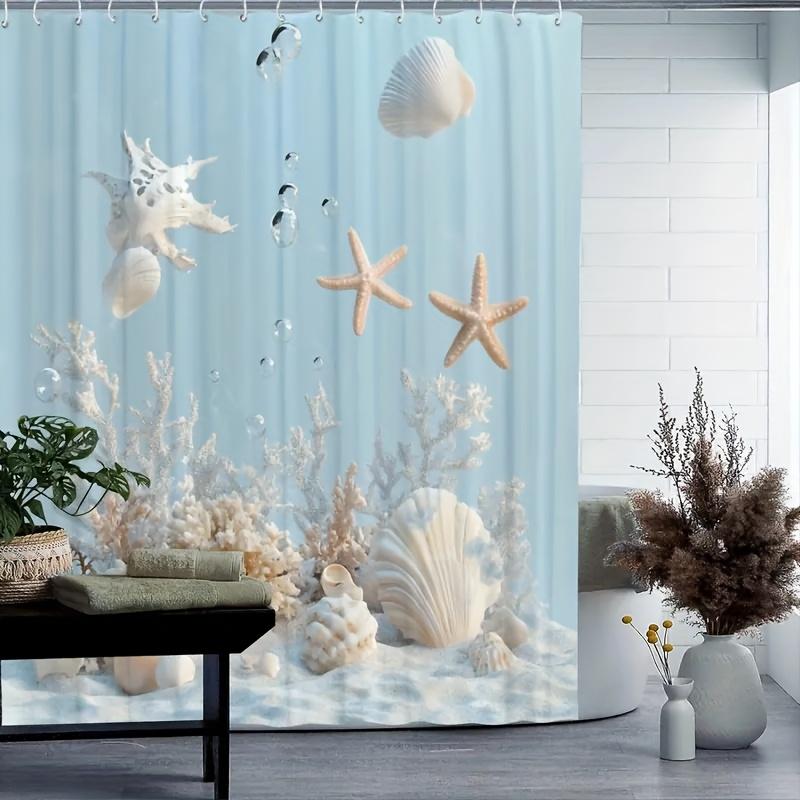 1pc Ocean Theme Coral Starfish Seashell Print Shower Curtain - Wave-Like Fold Design for Bathroom Decor, Toilet & Window