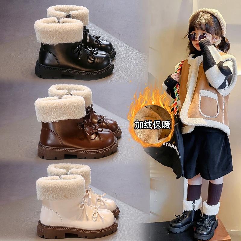 Children's Martin boots winter 2025 new two cotton baby girl leather boots soft sole non-slip girls short boots