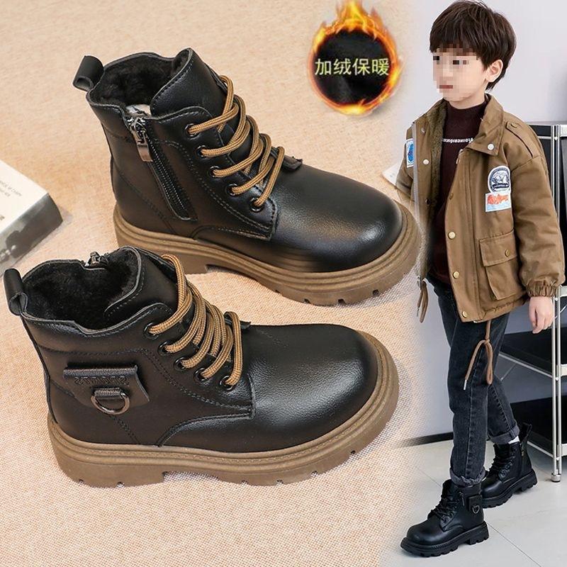 Boys Martin leather boots children's boots 2025 autumn and winter new velvet British boys short boots children