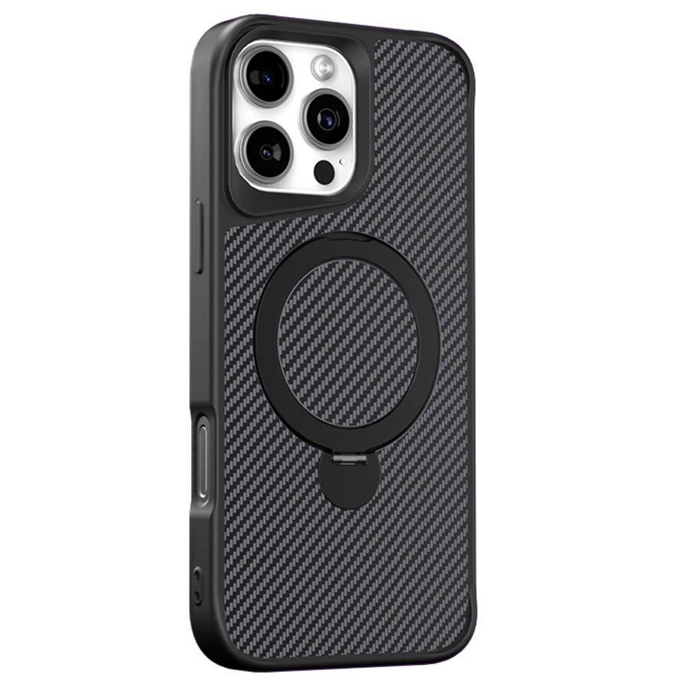 For iPhone 16 Pro Phone Case with Magnetic Kickstand TPU+PC Carbon Fiber Back Cover