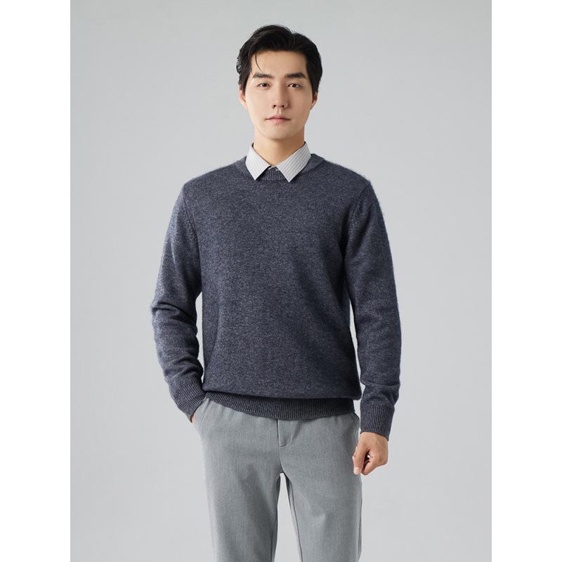 Men's Winter 2025 Cashmere Round Neck Sweater - Thick, Long Sleeve, Business Casual, Solid Color Knit Base Layer